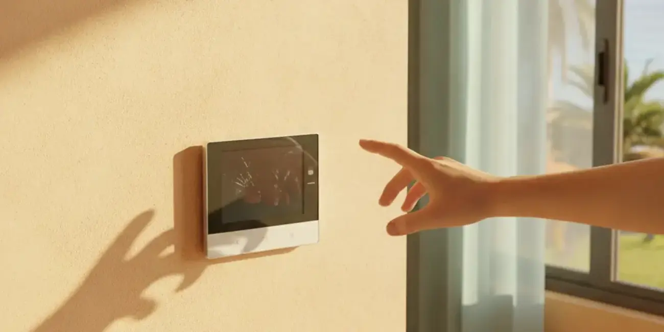 Termostato inteligente y panel de regulaciÃ³n junto a una cocina iluminada por la maÃ±ana