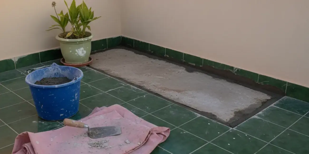 Terraza impermeabilizada con herramientas y marcas de obra en Gran Alacant