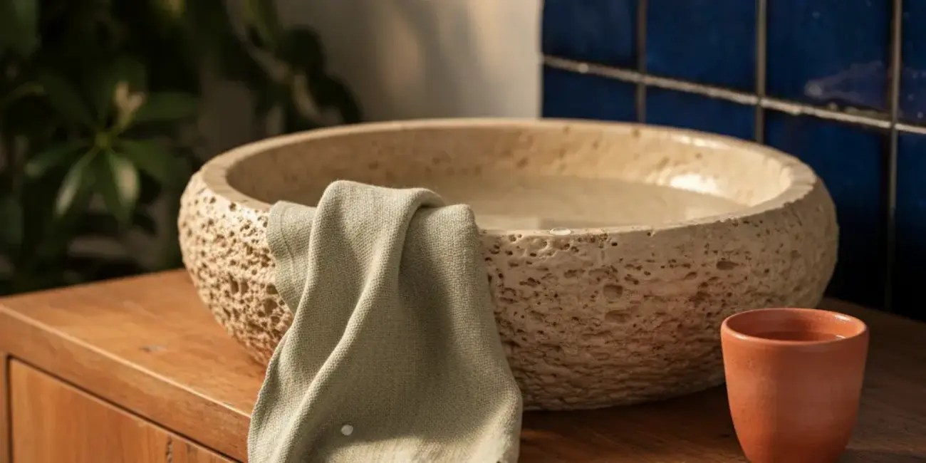 Lavabo de travertino sobre mueble de madera cálida con toalla de lino y azulejo artesanal, texturas orgánicas y tonos cálidos